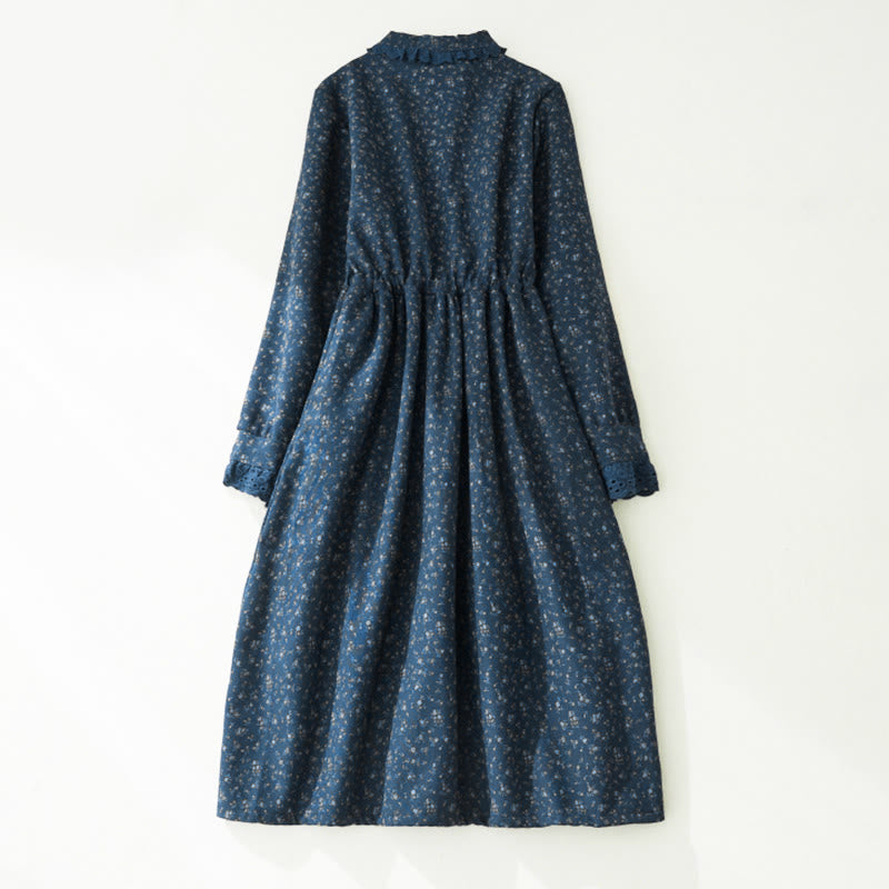 Corduroy Floral Lace Patchwork Long Sleeve Meditation Midi Dress