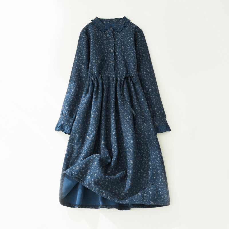 Corduroy Floral Lace Patchwork Long Sleeve Meditation Midi Dress