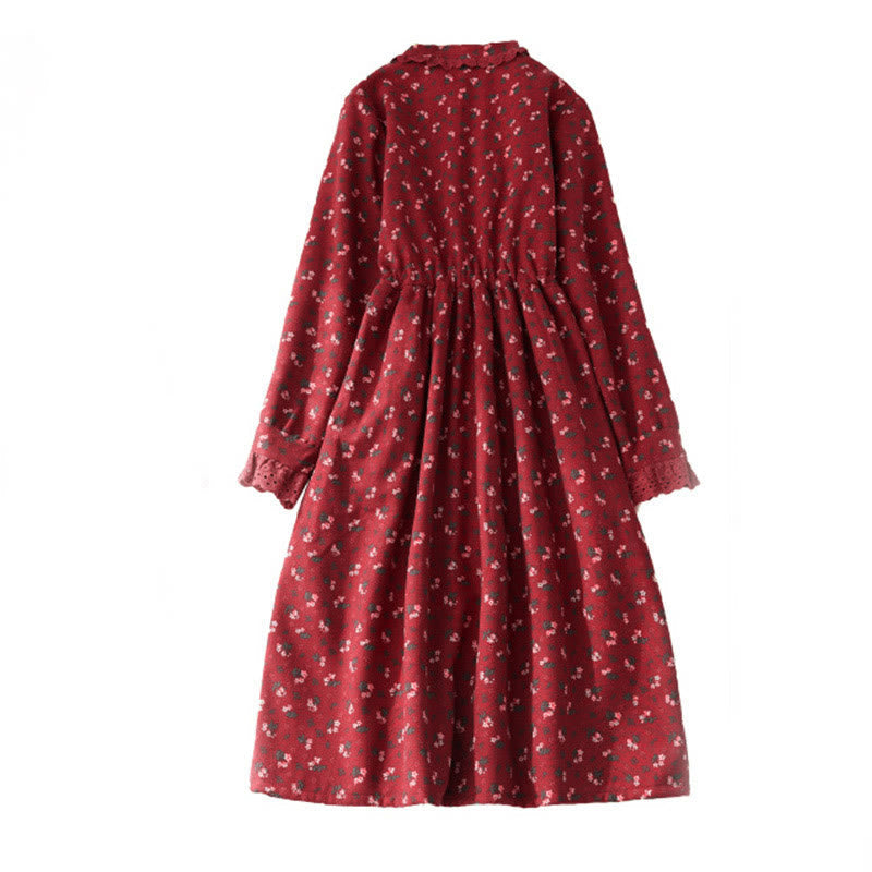 Corduroy Floral Lace Patchwork Long Sleeve Meditation Midi Dress