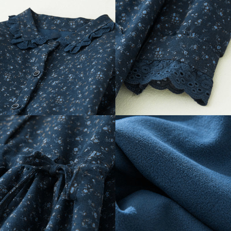 Corduroy Floral Lace Patchwork Long Sleeve Meditation Midi Dress