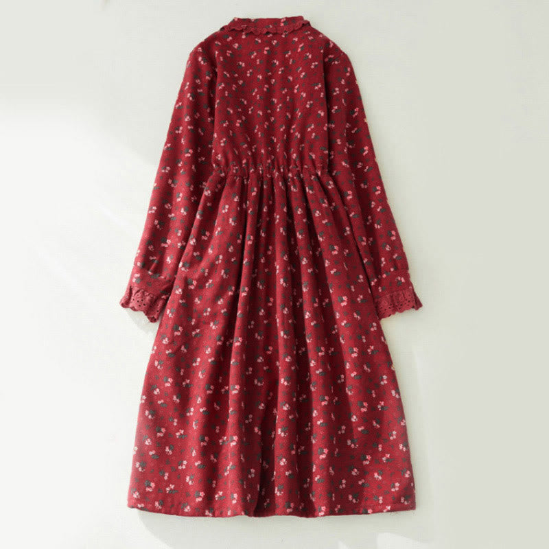 Corduroy Floral Lace Patchwork Long Sleeve Meditation Midi Dress
