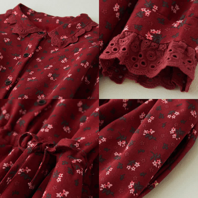 Corduroy Floral Lace Patchwork Long Sleeve Meditation Midi Dress
