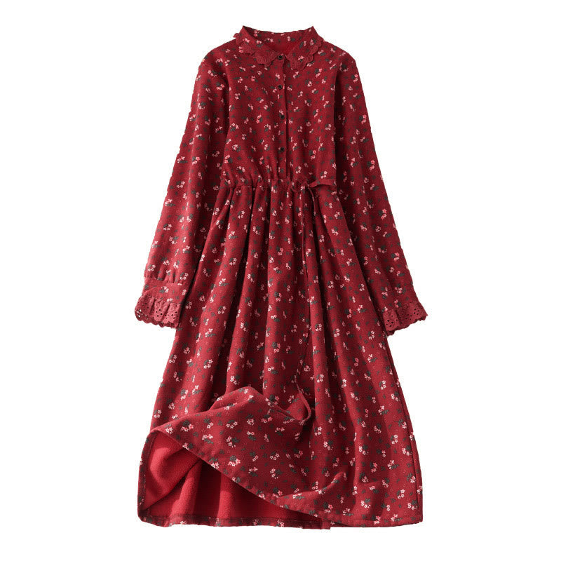 Corduroy Floral Lace Patchwork Long Sleeve Meditation Midi Dress