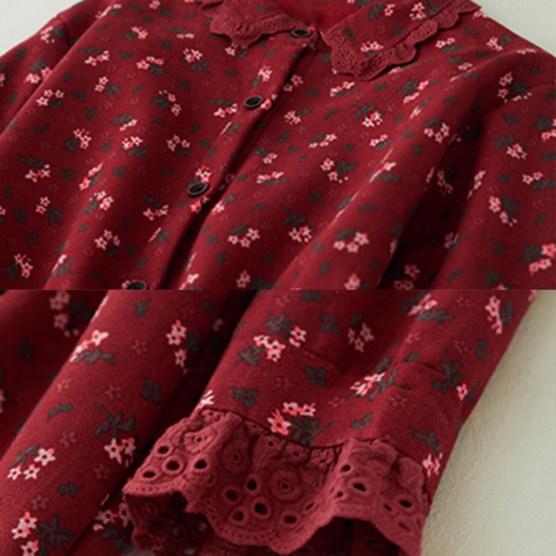 Corduroy Floral Lace Patchwork Long Sleeve Meditation Midi Dress