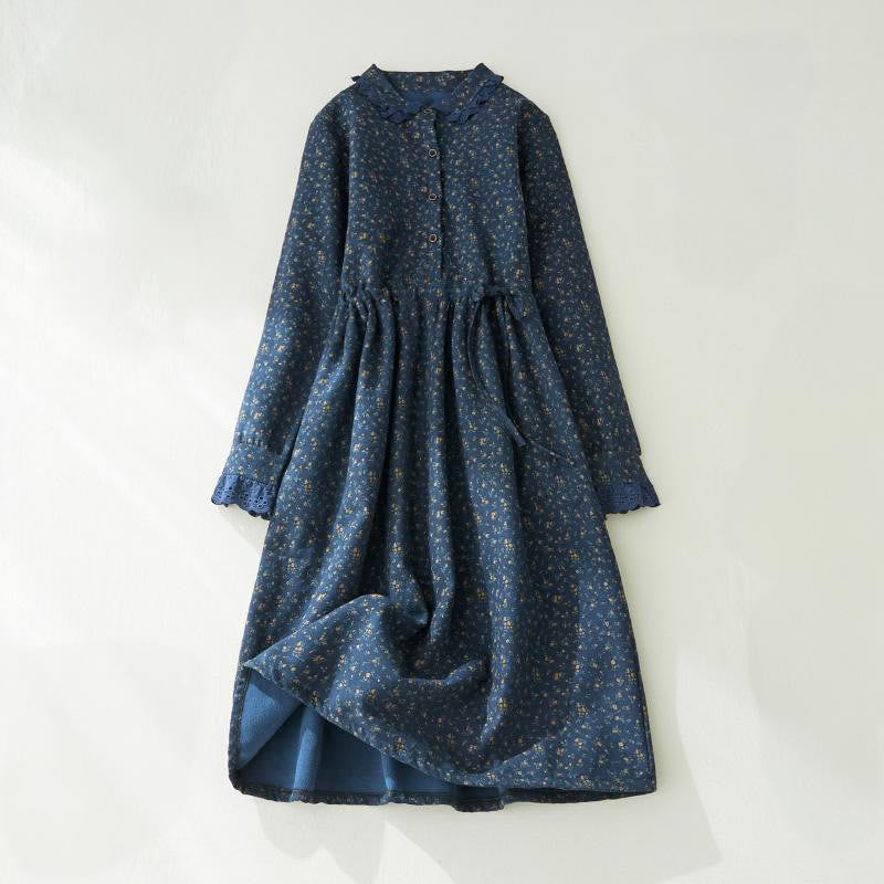 Corduroy Floral Lace Patchwork Long Sleeve Meditation Midi Dress