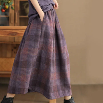 Thermal Cotton Plaid 7/8 Length Skirt with Practical Pockets