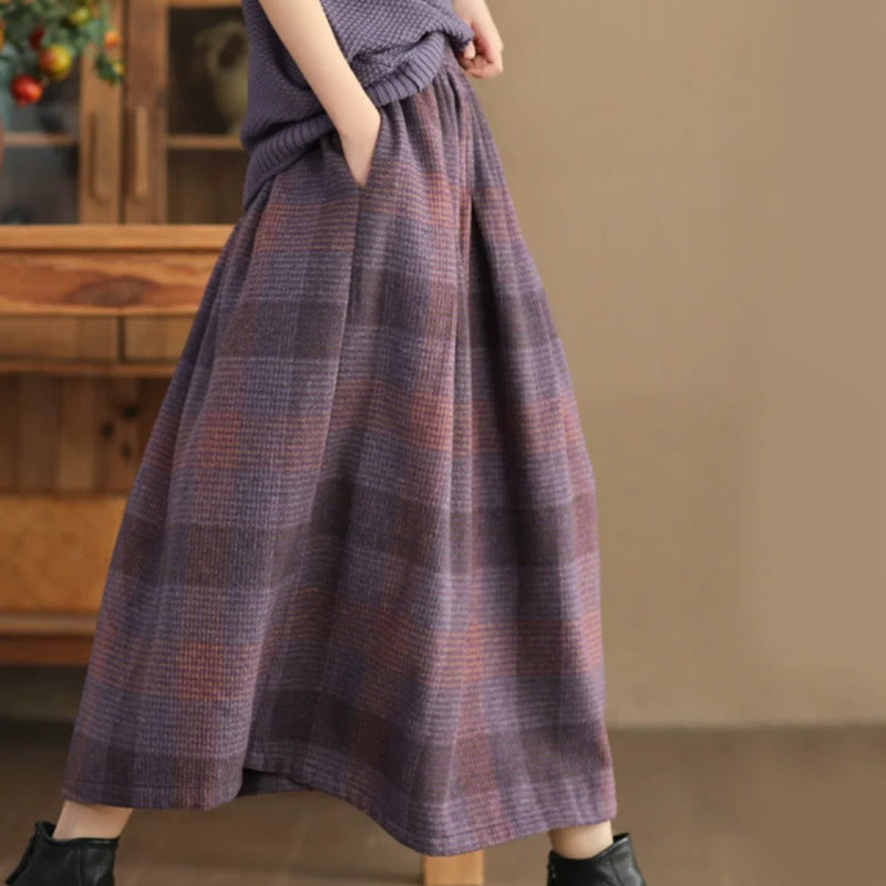 Thermal Cotton Plaid 7/8 Length Skirt with Practical Pockets