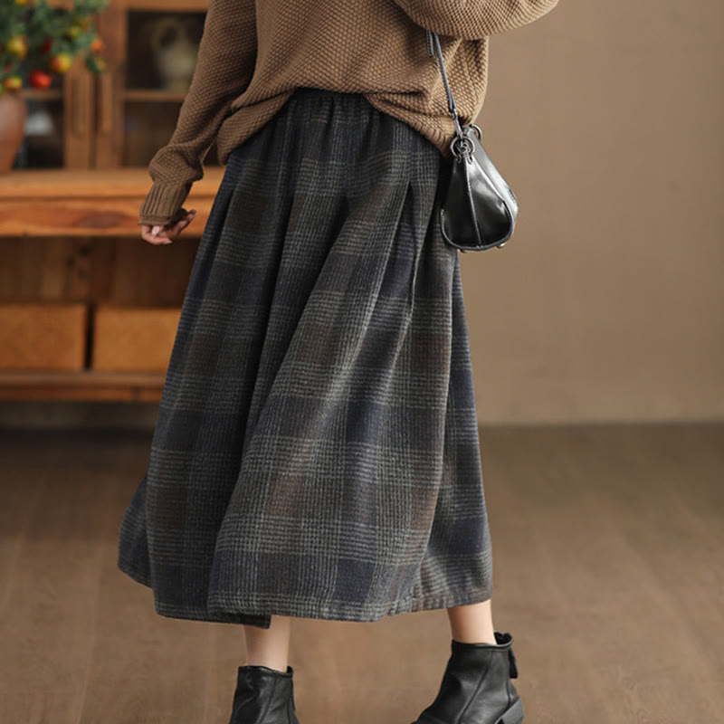 Thermal Cotton Plaid 7/8 Length Skirt with Practical Pockets