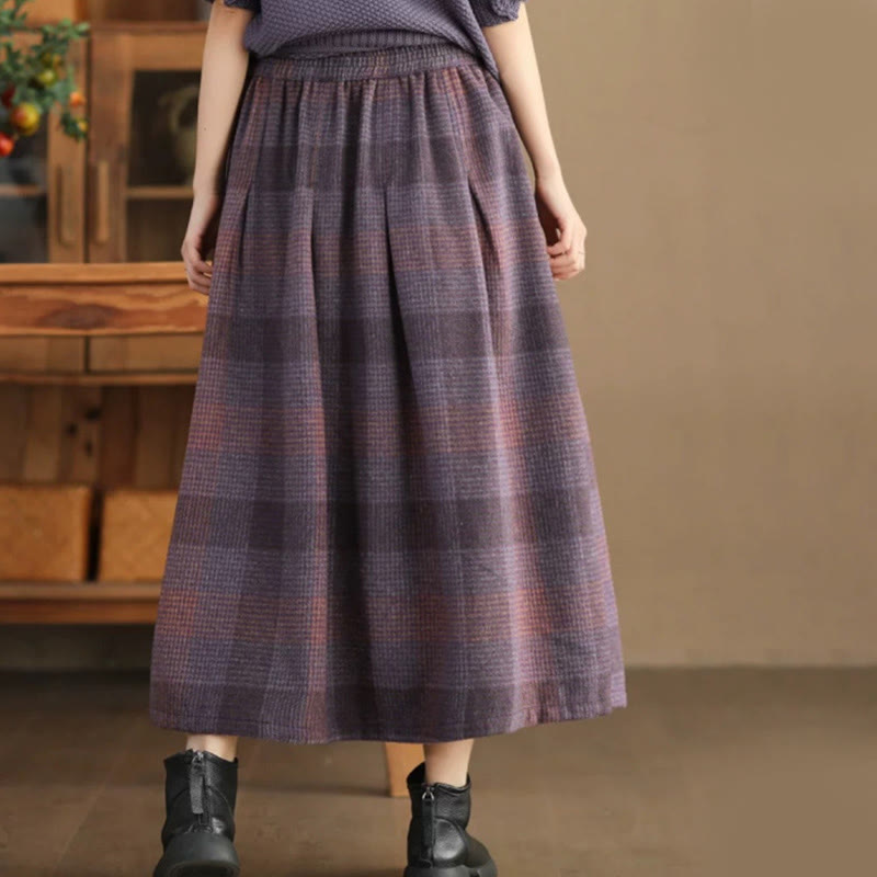 Thermal Cotton Plaid 7/8 Length Skirt with Practical Pockets