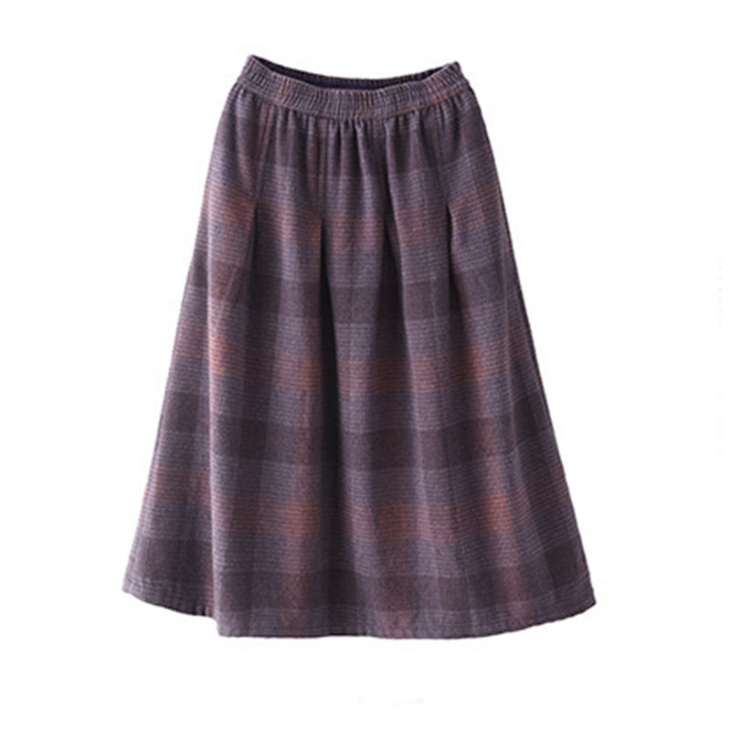 Thermal Cotton Plaid 7/8 Length Skirt with Practical Pockets