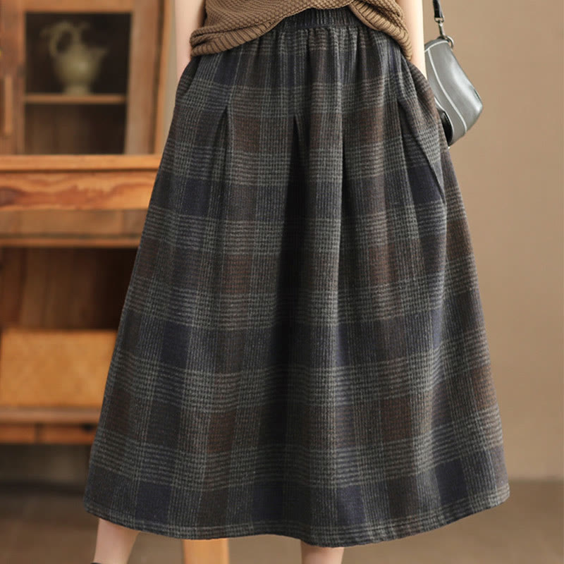 Thermal Cotton Plaid 7/8 Length Skirt with Practical Pockets