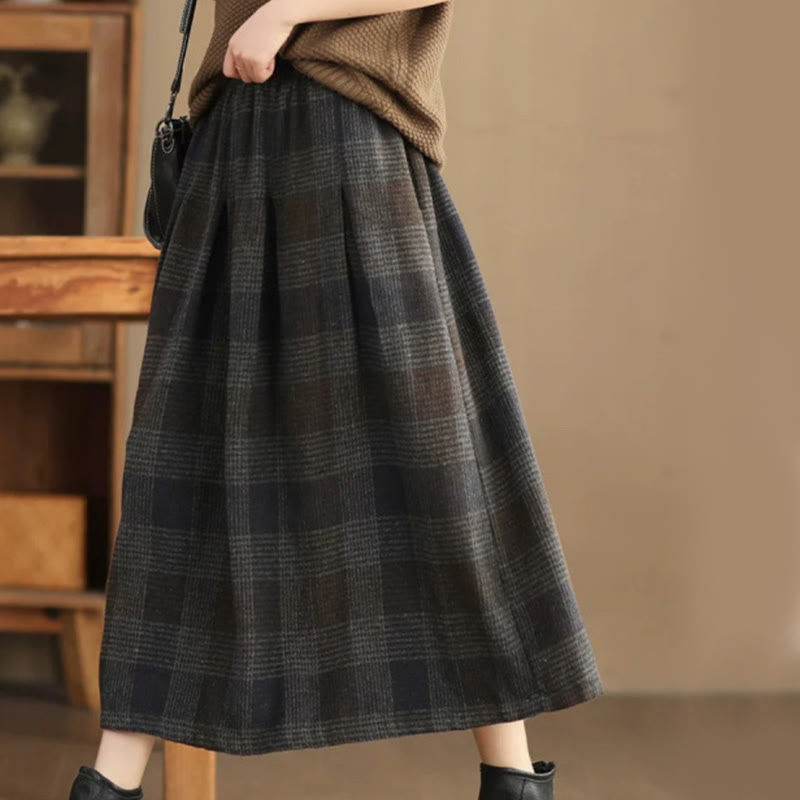Thermal Cotton Plaid 7/8 Length Skirt with Practical Pockets
