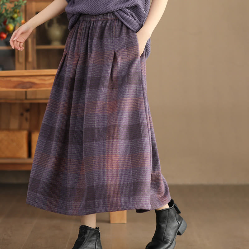 Thermal Cotton Plaid 7/8 Length Skirt with Practical Pockets