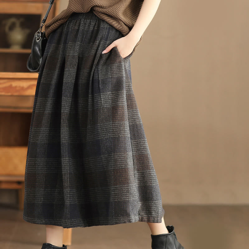 Thermal Cotton Plaid 7/8 Length Skirt with Practical Pockets