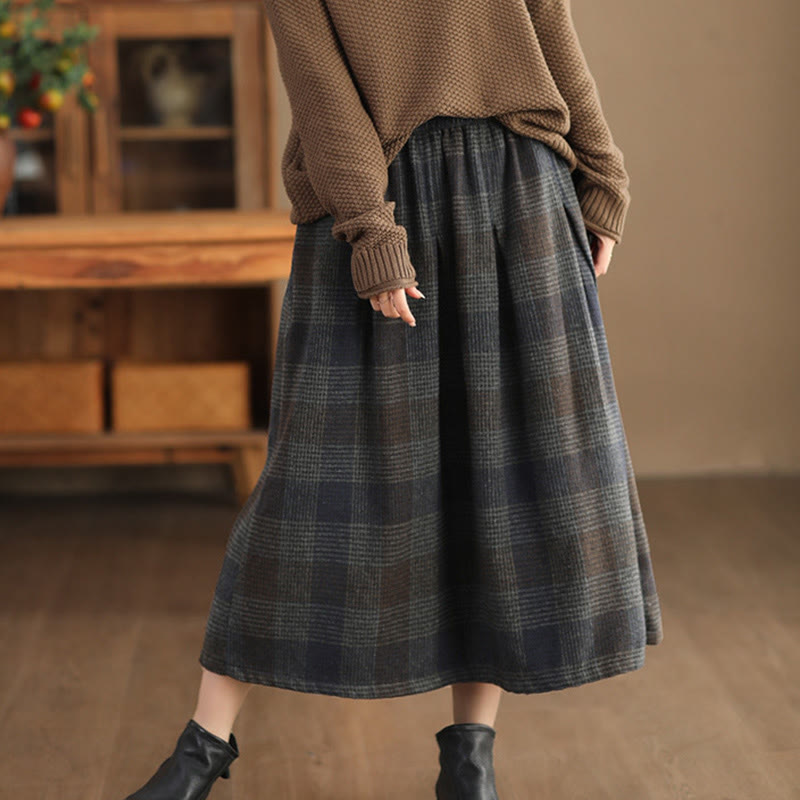 Thermal Cotton Plaid 7/8 Length Skirt with Practical Pockets