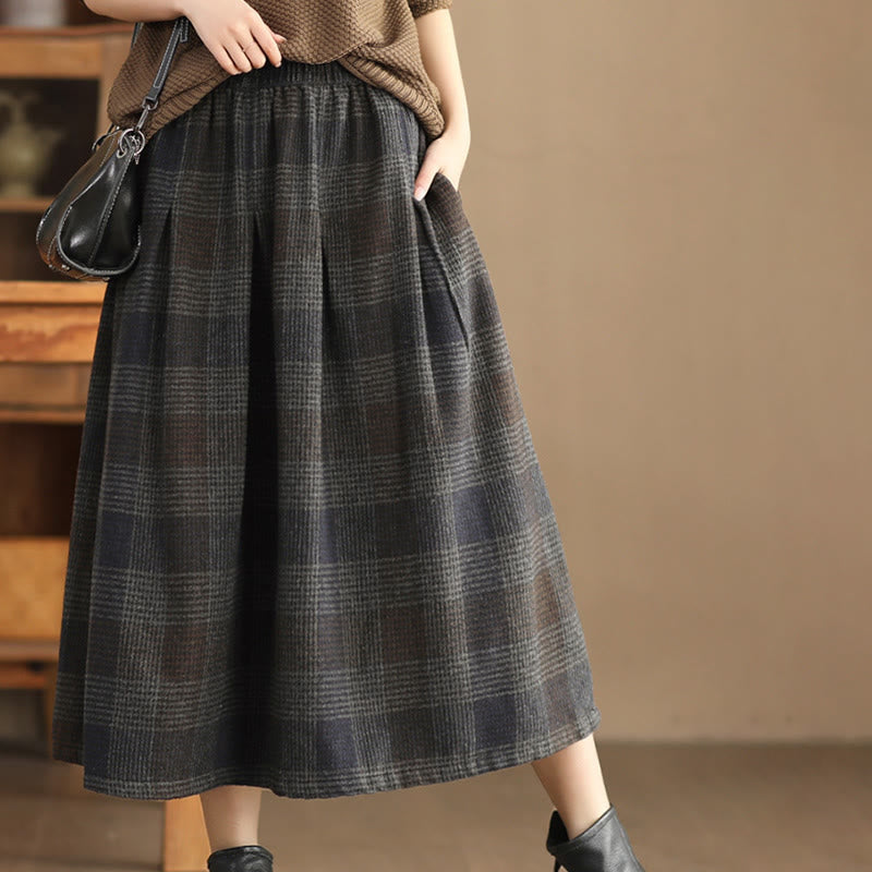 Thermal Cotton Plaid 7/8 Length Skirt with Practical Pockets
