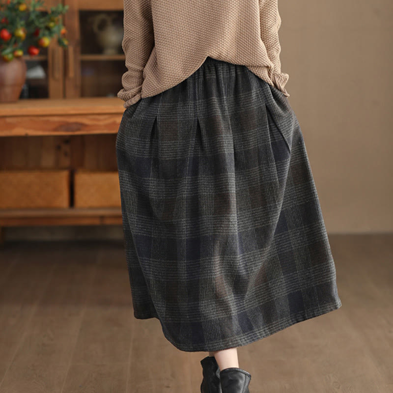 Thermal Cotton Plaid 7/8 Length Skirt with Practical Pockets