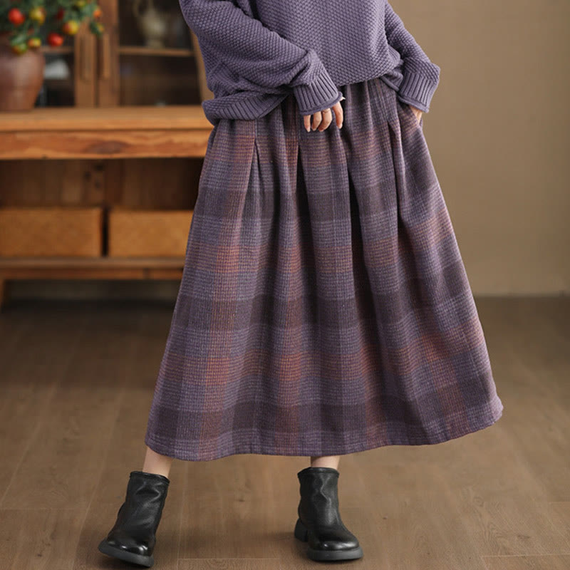 Thermal Cotton Plaid 7/8 Length Skirt with Practical Pockets