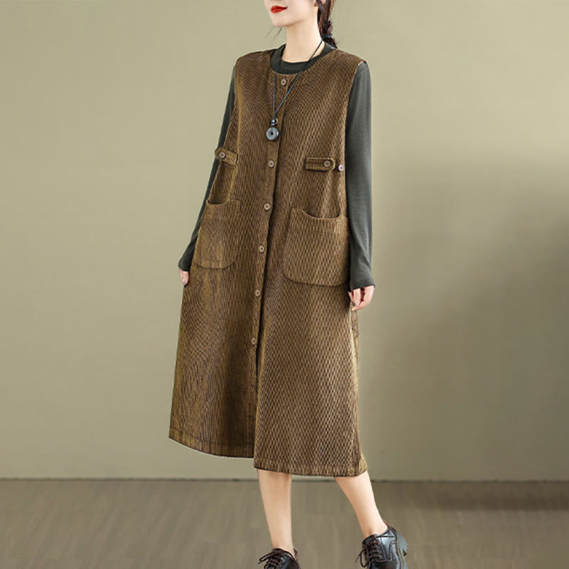 Breathable Cotton Sleeveless Buttoned Meditation Midi Dress