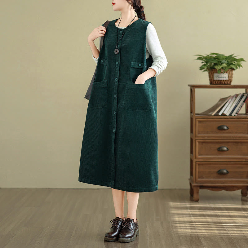 Breathable Cotton Sleeveless Buttoned Meditation Midi Dress