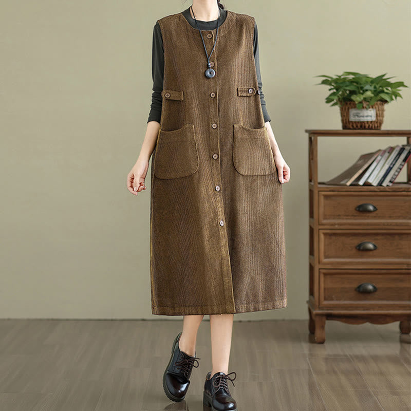 Breathable Cotton Sleeveless Buttoned Meditation Midi Dress