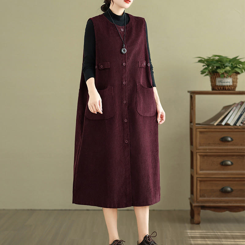 Breathable Cotton Sleeveless Buttoned Meditation Midi Dress