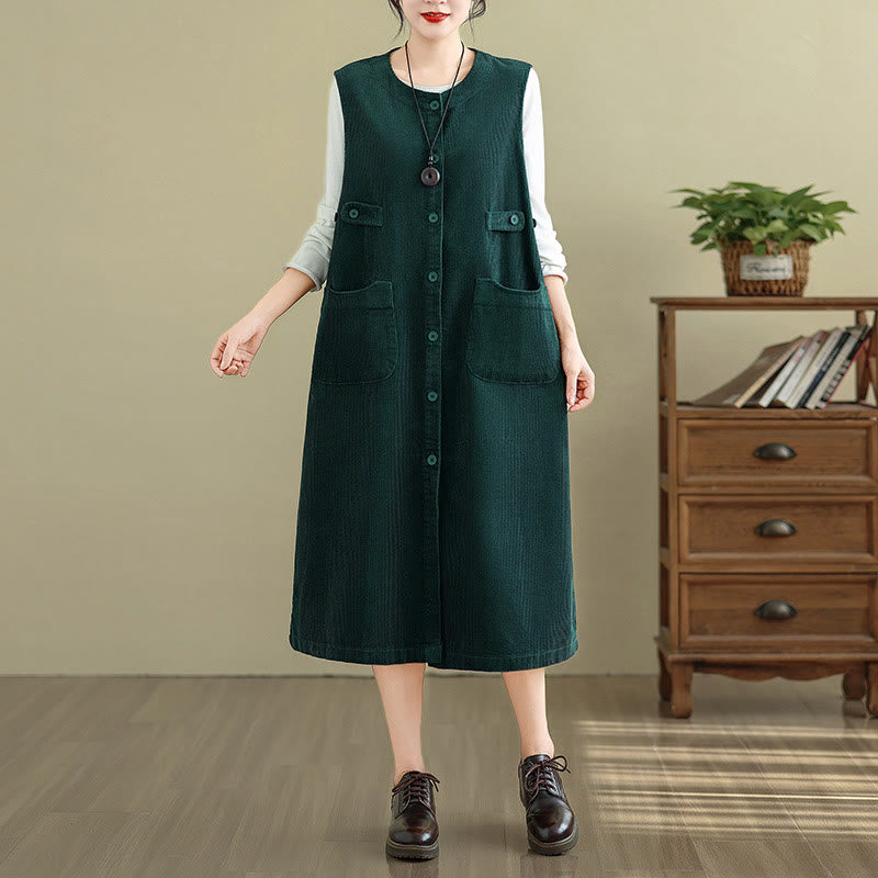 Breathable Cotton Sleeveless Buttoned Meditation Midi Dress