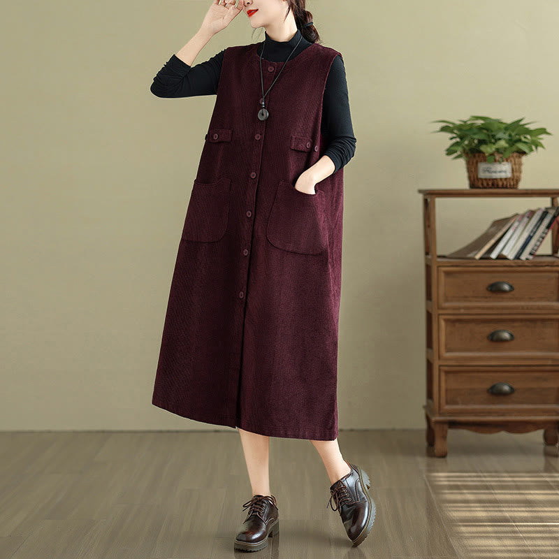 Breathable Cotton Sleeveless Buttoned Meditation Midi Dress