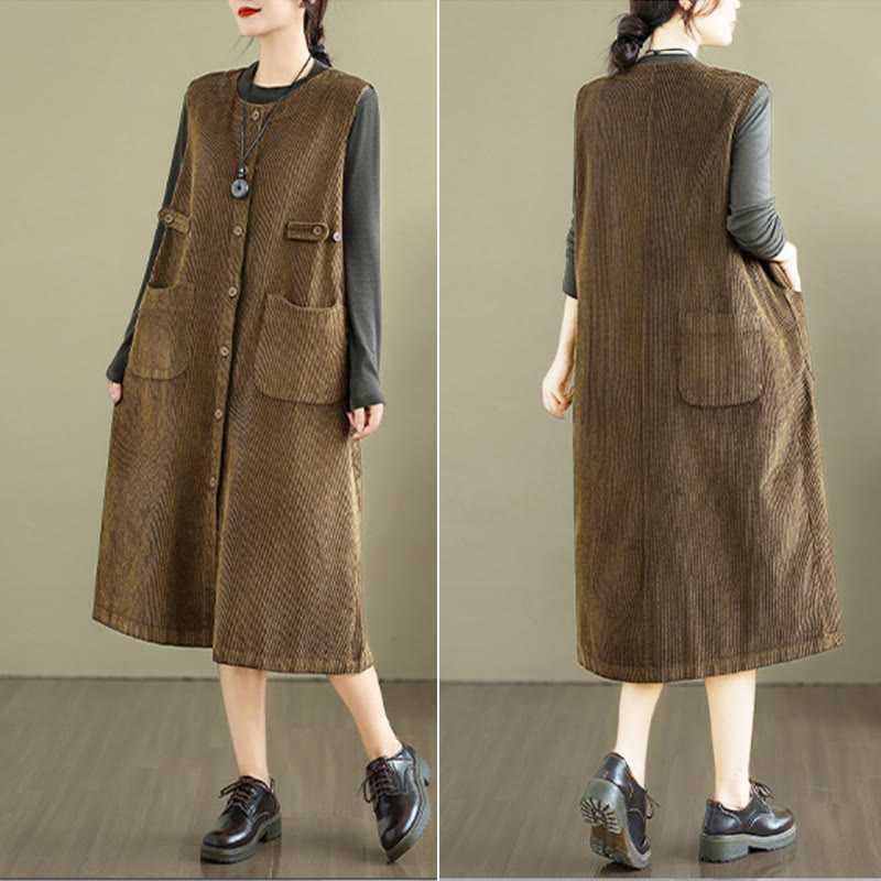 Breathable Cotton Sleeveless Buttoned Meditation Midi Dress