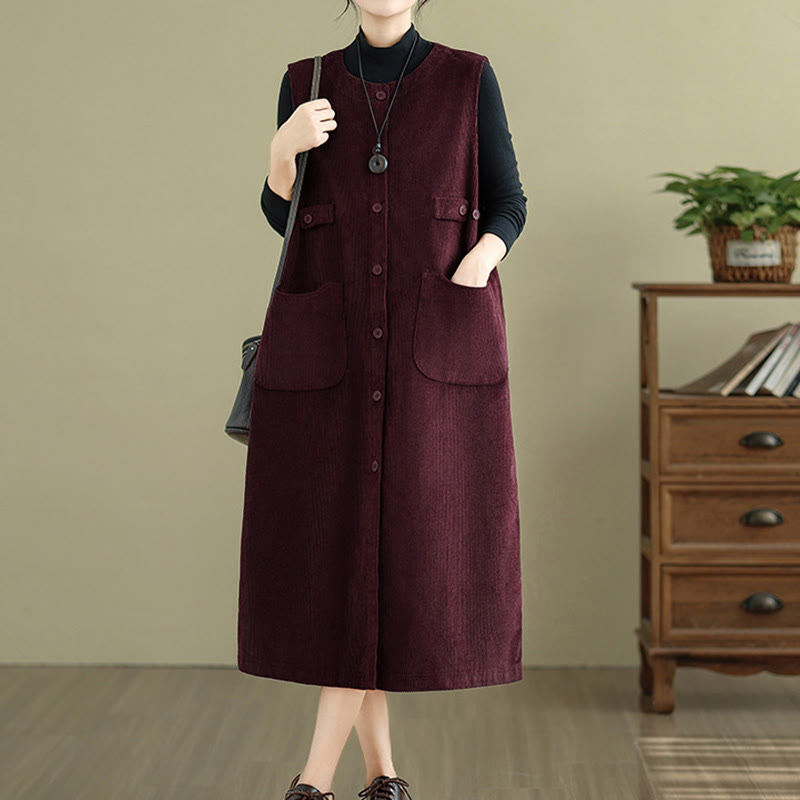 Breathable Cotton Sleeveless Buttoned Meditation Midi Dress