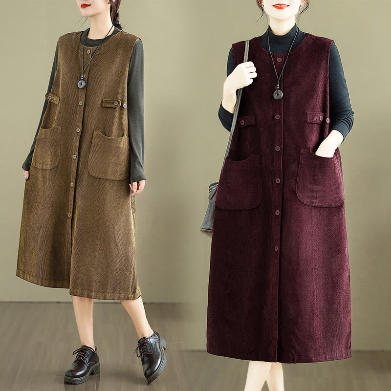 Breathable Cotton Sleeveless Buttoned Meditation Midi Dress