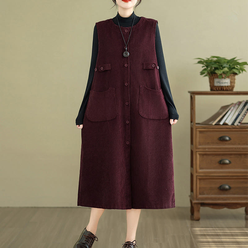 Breathable Cotton Sleeveless Buttoned Meditation Midi Dress