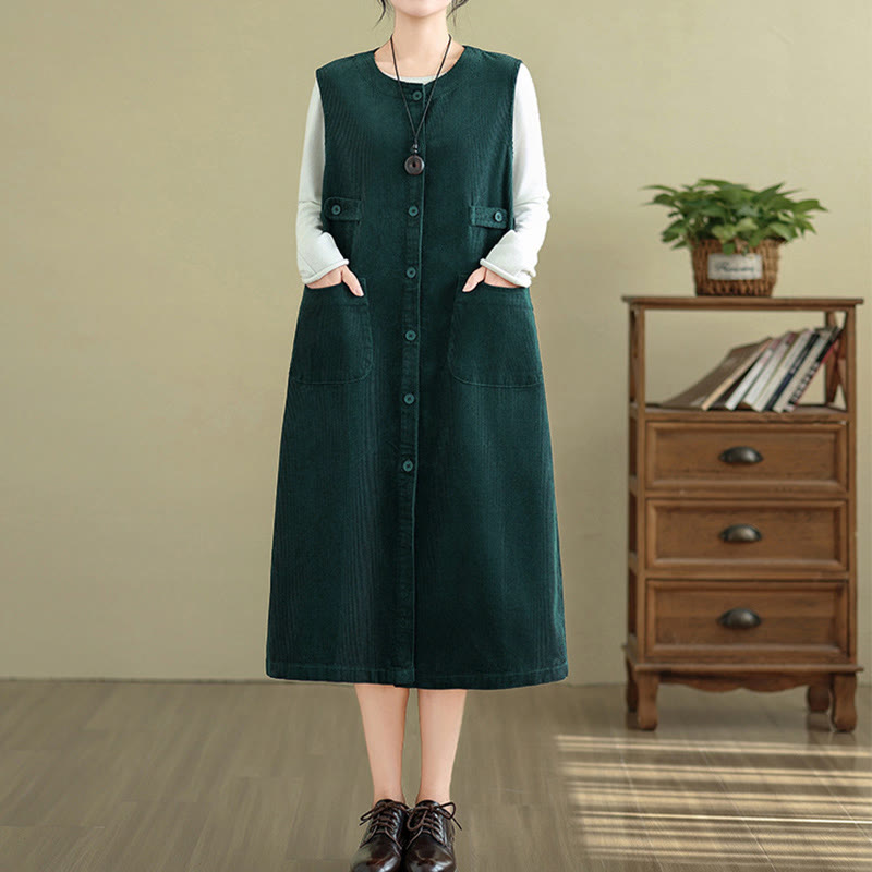 Breathable Cotton Sleeveless Buttoned Meditation Midi Dress