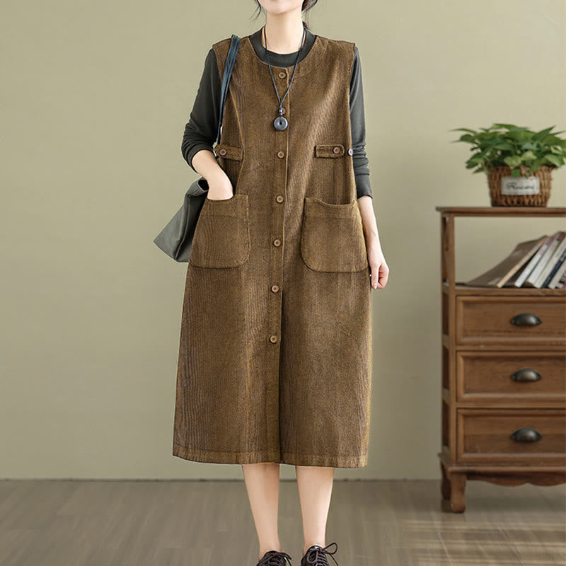 Breathable Cotton Sleeveless Buttoned Meditation Midi Dress