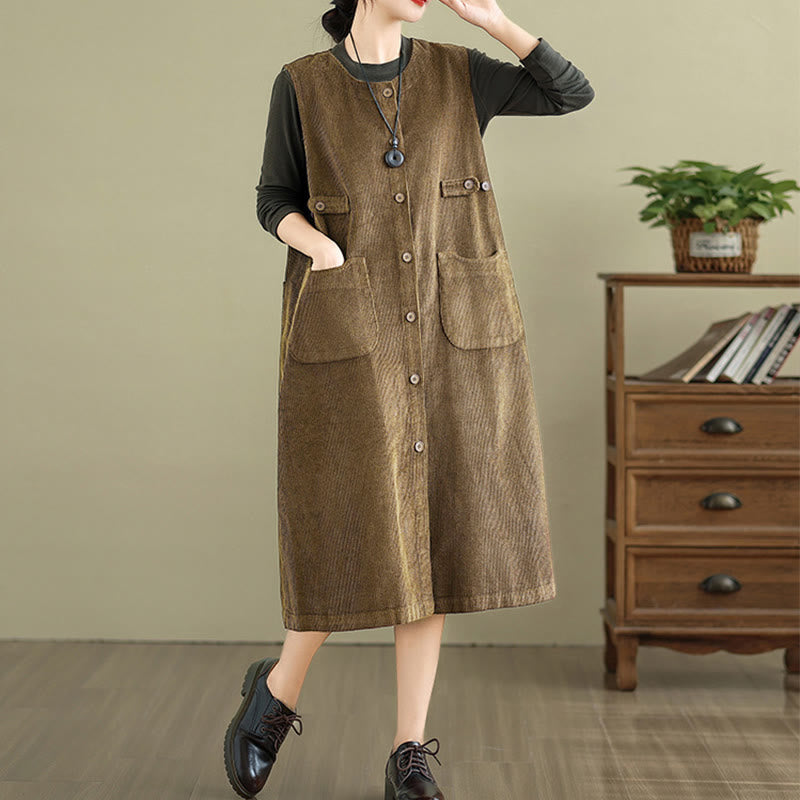 Breathable Cotton Sleeveless Buttoned Meditation Midi Dress