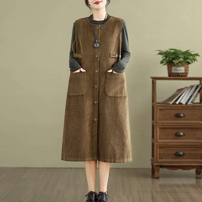 Breathable Cotton Sleeveless Buttoned Meditation Midi Dress