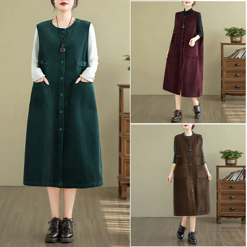 Breathable Cotton Sleeveless Buttoned Meditation Midi Dress