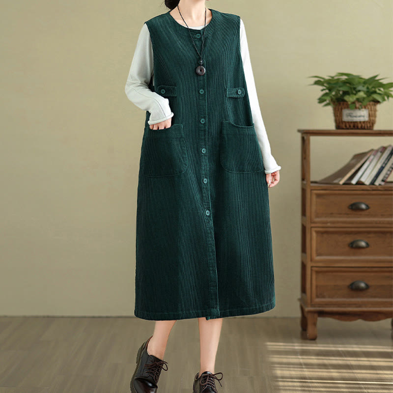 Breathable Cotton Sleeveless Buttoned Meditation Midi Dress
