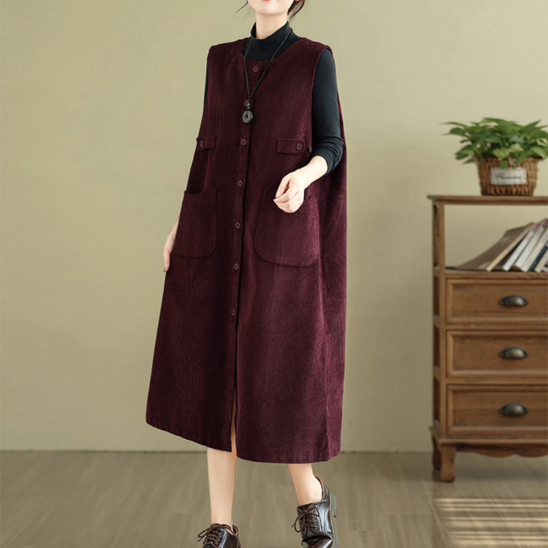 Breathable Cotton Sleeveless Buttoned Meditation Midi Dress