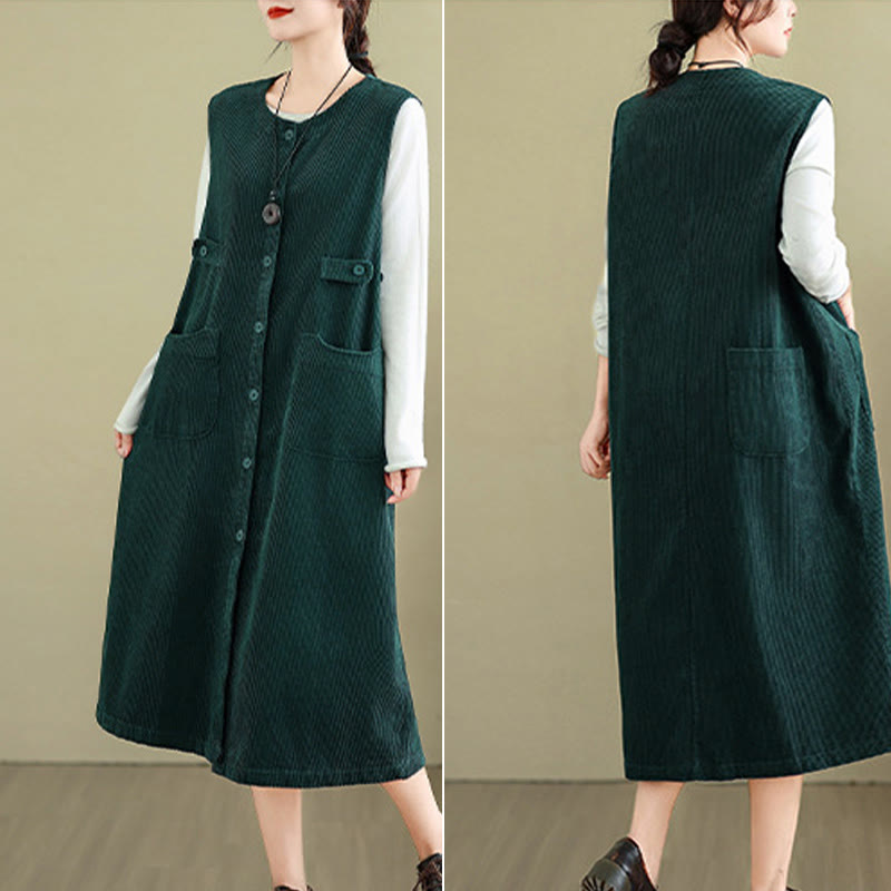 Breathable Cotton Sleeveless Buttoned Meditation Midi Dress