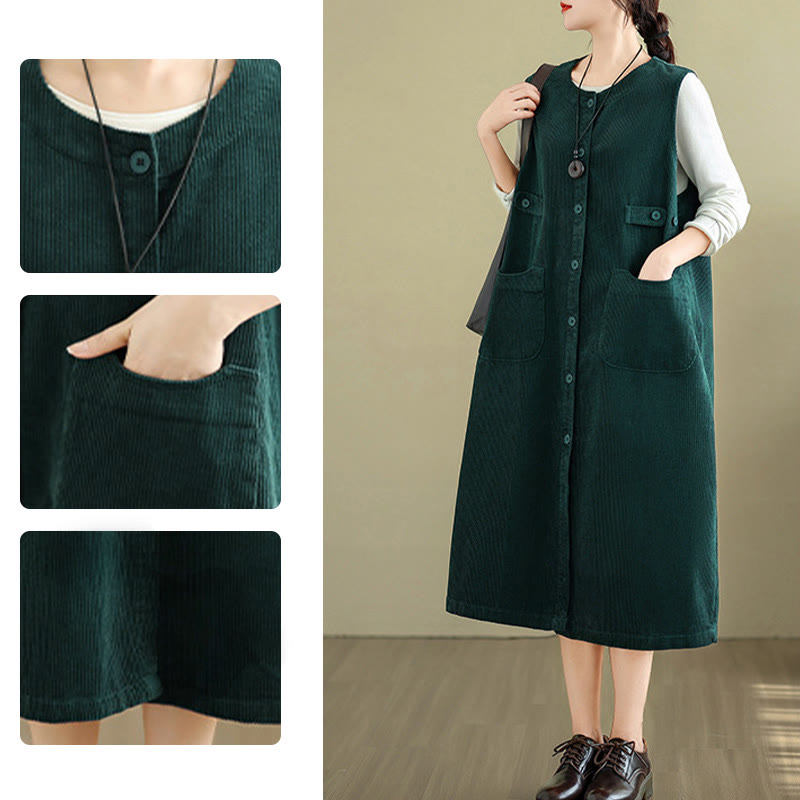 Breathable Cotton Sleeveless Buttoned Meditation Midi Dress