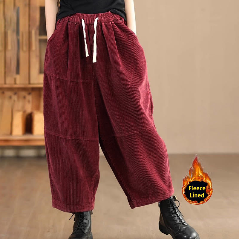 Women's Drawstring Design Cotton Corduroy Thermal Fleece-Lined Pants With Pockets