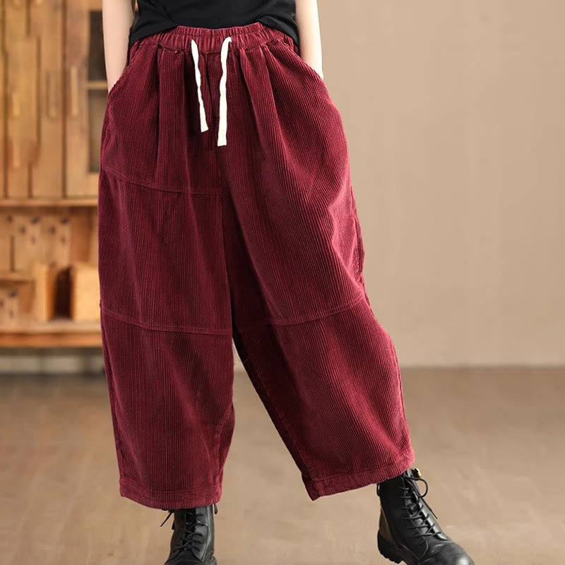 Women's Drawstring Design Cotton Corduroy Thermal Fleece-Lined Pants With Pockets