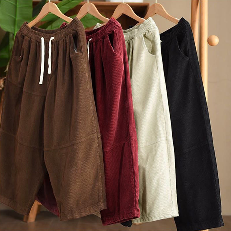 Women's Drawstring Design Cotton Corduroy Thermal Fleece-Lined Pants With Pockets