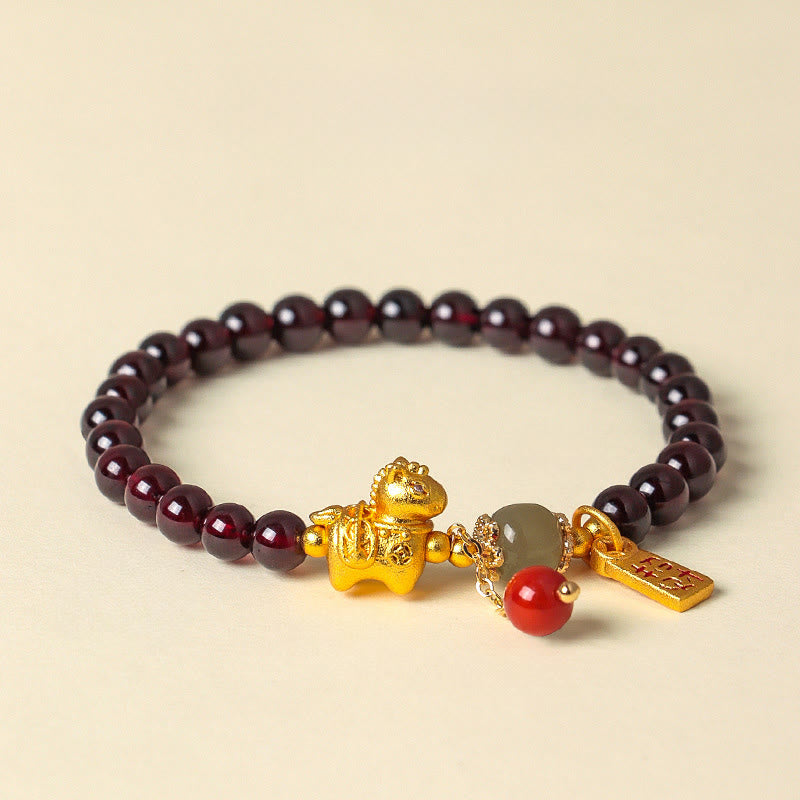 Handmade Garnet South Red Agate & Hetian Jade Horse Fu Character Beaded Bracelet