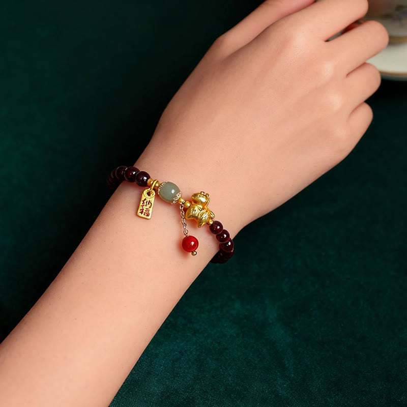 Handmade Garnet South Red Agate & Hetian Jade Horse Fu Character Beaded Bracelet