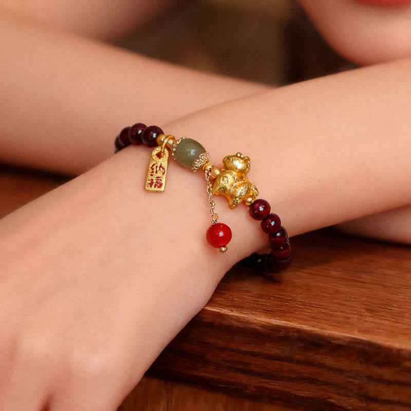 Handmade Garnet South Red Agate & Hetian Jade Horse Fu Character Beaded Bracelet