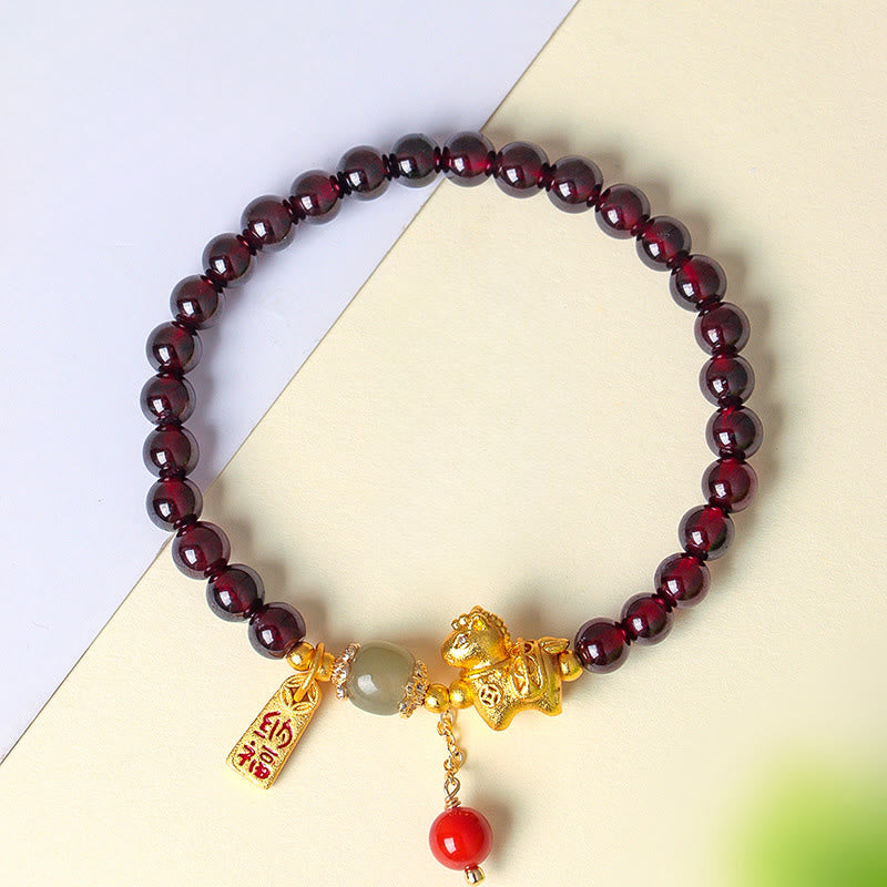 Handmade Garnet South Red Agate & Hetian Jade Horse Fu Character Beaded Bracelet