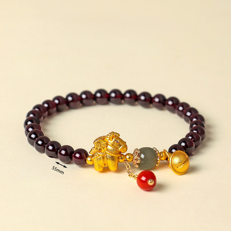 Handmade Garnet South Red Agate & Hetian Jade Horse Fu Character Beaded Bracelet