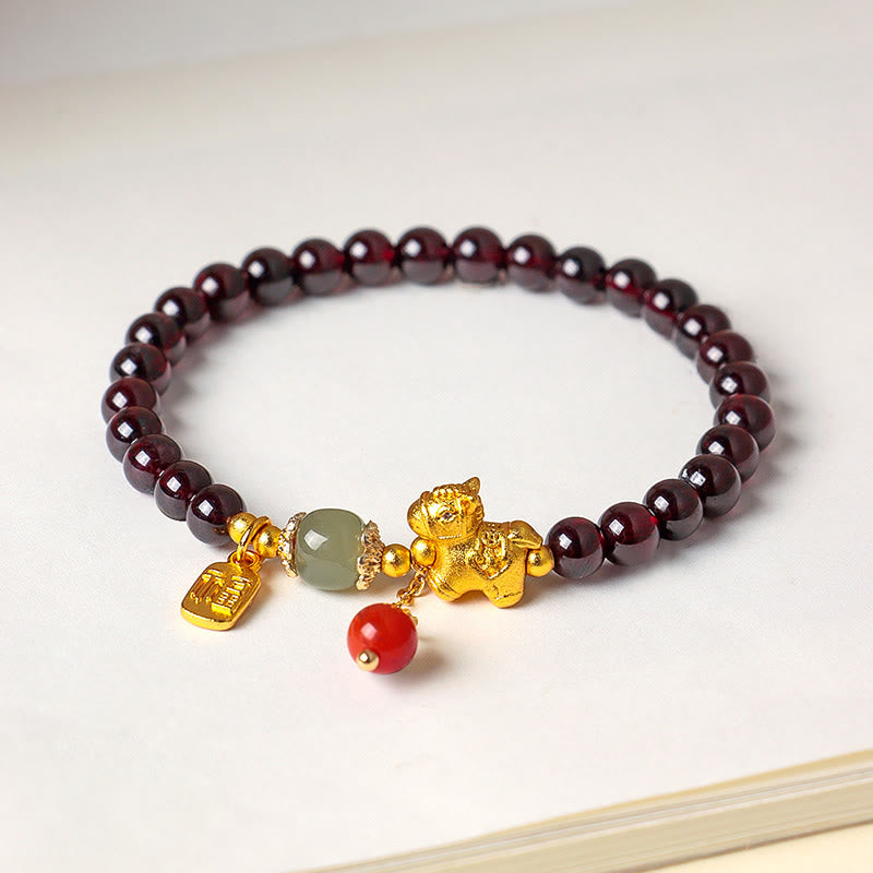 Handmade Garnet South Red Agate & Hetian Jade Horse Fu Character Beaded Bracelet